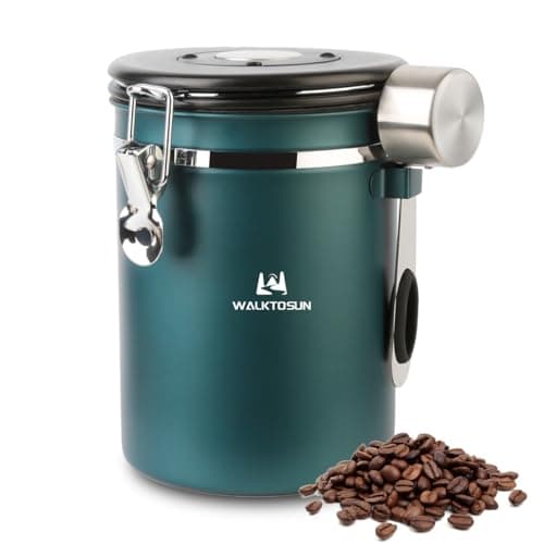 Walktosun Coffee Canister Airtight Storage Container Stainless Steel Air Tight Coffee Jar with Scoop, Date Tracker CO2 Release Valve for Dry Food, Beans, Ground, Tea, Flour, Cereal and Sugar (Green)