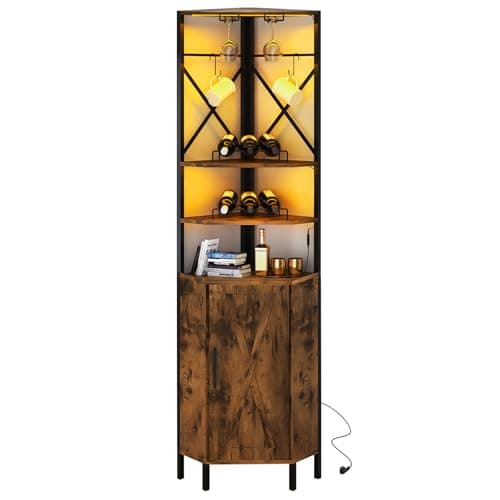 UVANIOHOM 6-Tier Corner Wine Cabinet with Power Outlet & LED Light, Industrial Bar Cabinet w/Glass Holder & 2 Flexible Hooks, Farmhouse Liquor Cabinet with Door for Small Space, Kitchen, Rustic Brown