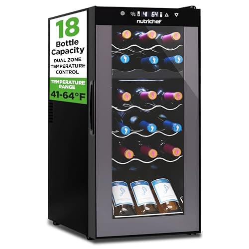 NutriChef 18 Bottle Wine Fridge | Dual Zone Wine Chiller | Adjustable Temperature 41°F to 64°F | Ultra Quiet Operation | Wine Cooler For Home & Office | Free Standing 32x13x19 IN | Black
