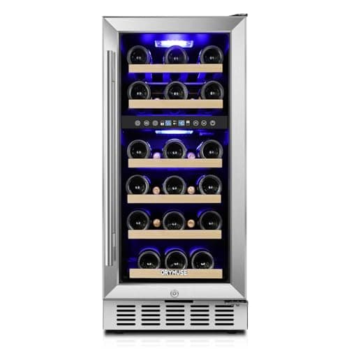 15 Inch Wine Cooler Under Counter, 30 Bottle Dual Zone Wine Fridge with Stainless Steel Glass Door, Built-In or Freestanding Wine Cellar with Digital Temperature Control for Home, Kitchen, or Office