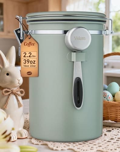 Veken Coffee Canister, 39OZ Large, Airtight Stainless Steel Food Storage Container for 2.2lbs Coffee Beans, Ground, Sugar, Tea, Flour, Cereal, Kitchen Bar Accessories with Date Tracker & Scoop, Green
