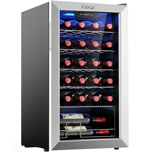 EUHOMY 25 bottle Wine Cooler Refrigerator, Freestanding Compressor Wine Fridge with Adjustable Temperature and Digital Control, Mini Fridge with Glass Door for Red White Wine, Beer, Silver
