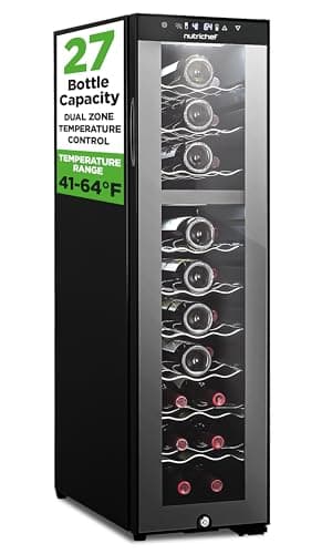 NutriChef 27 Bottle Wine Fridge | Dual Zone Wine Chiller | Adjustable Temperature 41°F to 64°F | Ultra Quiet Operation | Wine Cooler For Home, & Office | Free Standing 43x11x23 IN | Black