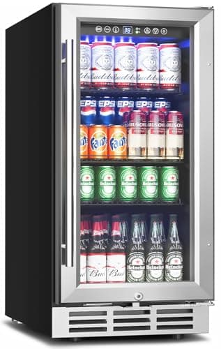 Feelfunn 15 Inch Beverage Refrigerator Under Counter - 126 Cans Beverage Fridge with Glass Door for Beer Wine Soda - Built-in or Freestanding Wine Cooler with Safety Lock for Home Kitchen Bar