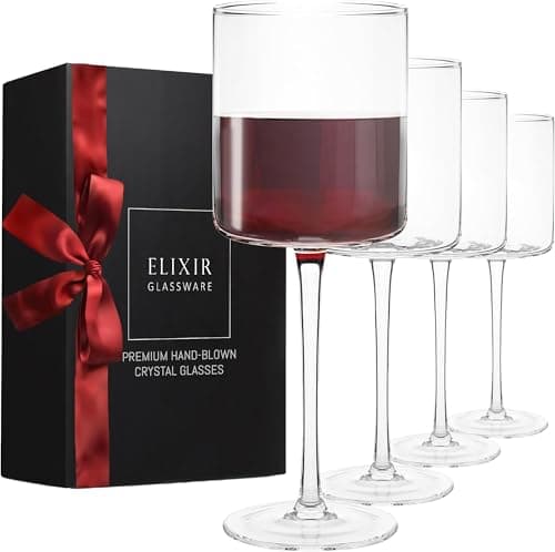 ELIXIR GLASSWARE Wine Glasses Set of 4 - 17oz - Square Wine Glasses, Large Red Wine or White Wine Glasses - Hand Blown Long Stem Wine Glass Set, Premium Crystal Wine Glasses - Housewarming Gifts