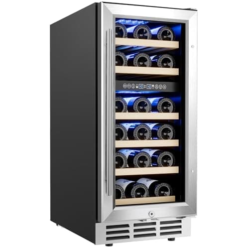 EUHOMY 15 Inch Wine Fridge, Dual Zone Wine Chiller with Digital Temperature Control, Wine Cooler Upgraded Compressor Fits Low Noise, Wine Storage with Double-Layer Glass Door, 33 Bottles.