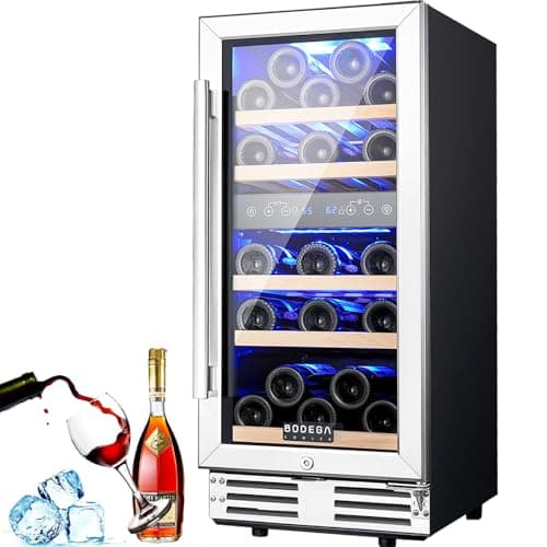 BODEGA 15” Wine Cooler, 30 Bottle Dual Zone Wine Fridge With Double-Layer Glass Door, Freestanding or Built-In Wine Fridge with Blue LED Light & Stainless Steel Handle, for Home, Kitchen,Bar, Black.