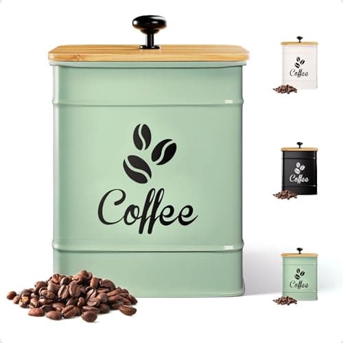 Airtight Coffee Canister - 40 oz Large Iron Sage Green Container Airtight - 6 x 8 inch Metal Jar - Stylish Countertop Container for Coffee Grounds, Beans & Pods with Rubber-Lined Bamboo Lid