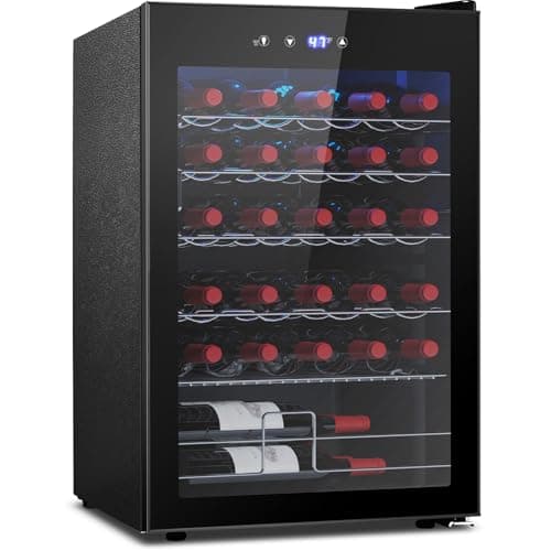 COWSAR 37 Bottle Wine Fridge, Freestanding Commercial Beverage Refrigerator with Smart Temp Control, 4.45 Cu.Ft Mini Fridge Wine Cooler with Child Lock& Wavy Wire Shelves for Kitchen Bar, Black