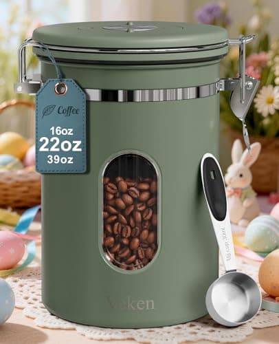 Veken Coffee Canister with Window, Easter Gifts Airtight Stainless Steel Container with Lids, Home Kitchen Food Storage Jars for Grounds, Beans, Tea, Flour, Cereal, Sugar, Basket, Scoop, 22OZ, Green