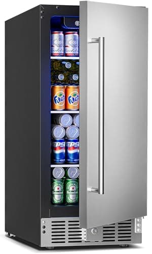Feelfunn 15 Inch Undercounter Beverage Refrigerator - 126 Cans Beverage Fridge with Stainless Steel Door for Beer Wine Soda - Built-in or Freestanding Wine Cooler for Home Kitchen Bar