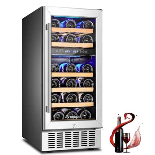 AAOBOSI 15 inch Dual Zone Wine Fridge, 28 Bottles Built-in or Freestanding Fridge,41-64°F Wine Cooler with Professional Compressor，Low Noise and No Fog