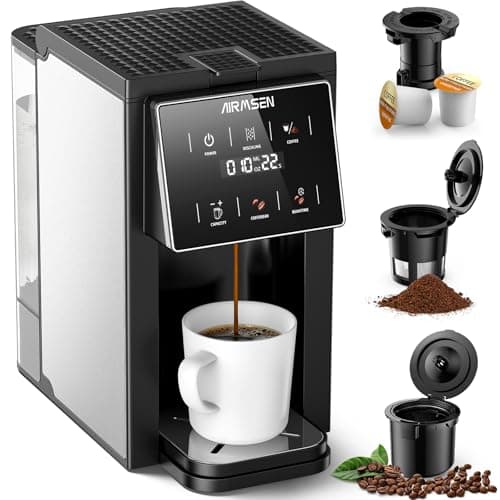 AIRMSEN Grind & Brew Coffee Maker with Built-in Grinder (2026 Model) - Single-Serve, Compatible with K-Cup Pods & Ground, 1000W Fast 6-14oz Brewer, Descaling Alert, Touchscreen & 50oz Removable Tank