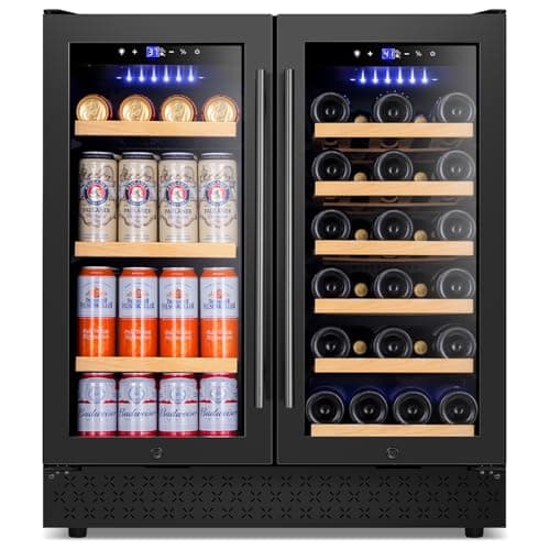 Tylza 30 Inch Wine and Beverage Refrigerator, Dual Zone Wine Beverage Cooler 30" with French Door, Under Counter Wine Beer Fridge Built-In or Freestanding, Holds 29 Bottles and 110 Cans, Black