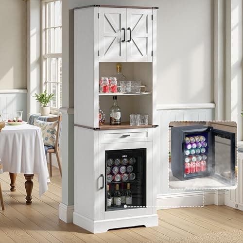LUXOAK Bar Cabinet with Fridge (Included), 69" Farmhouse Wine Cabinet with Storage Drawers & Adjustable Shelves, Coffee Bar Cabinet for Home bar, Dining Room, Living Room