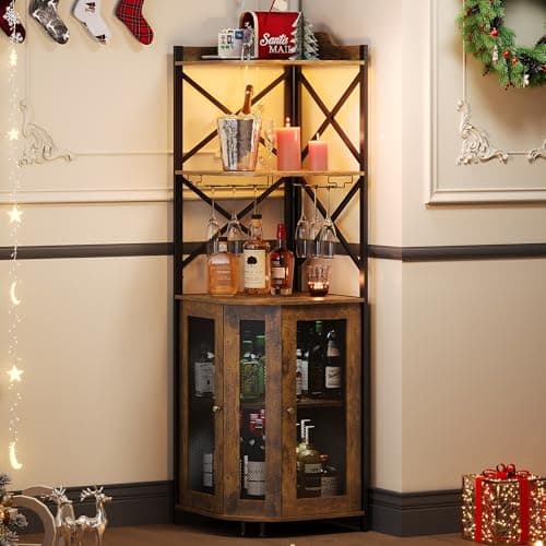 JKsmart Corner Bar Cabinet with LED Lights, 5-Tier Industrial Wine Bar Cabinet with Glass Holder, Farmhouse Liquor Cabinets with Shelf and Door, Home Bar for Coffee Bars, Rustic Brown