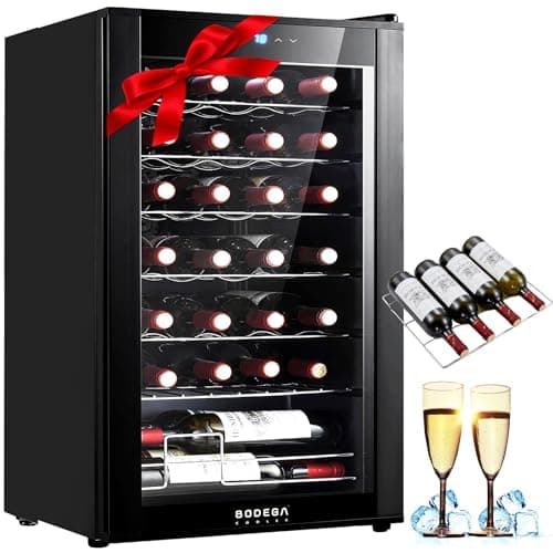 BODEGACOOLER 28 Bottle Compressor Wine Cooler for Home and Kitchen, Freestanding Mini Fridge with Digital Touchscreen, LED Display,Split Storage for Red & White Wines,Matte Black Refrigerator Home Bar
