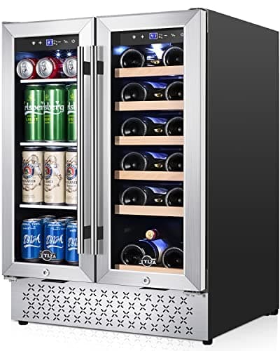 Tylza Wine and Beverage Refrigerator, 24 Inch Dual Zone Wine Fridge, Holds 18 Bottles and 88 Count, French Doors, Lock, Under-counter or Freestanding Wine Cooler, Beverage Fridge with Tempered Glass