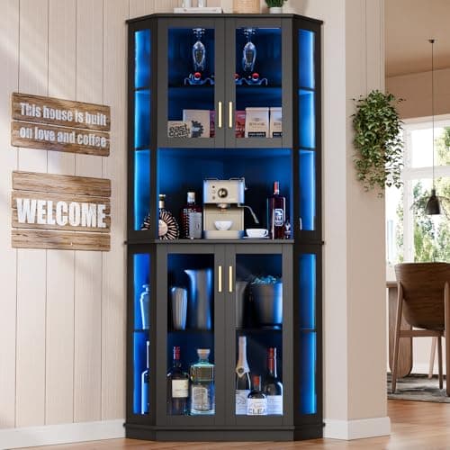 71'' Corner Wine Bar Cabinet with LED Lights,5-Tier Tall Home Liquor Coffee Bar Cabinet W with Tempered Glass Door & Glasses Rack, Alcohol Cabinet Storage Hutch for Kitchen, Living Room, Dining Room