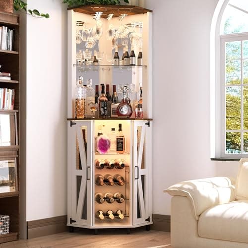 Oransail 68.9“ Tall Corner Bar Cabinet, Wine Bar with LED Light and Mirror, Farmhouse Liquor Cabinet with Adjustable Shelf & Glass Rack, for Dining Room, Living Room