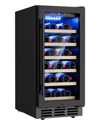 15 Inch Under Counter Wine Fridge, 29 Bottles Under Counter Refrigerator with Double-Layer Glass Door, Small Wine Fridge for Built-In or Freestanding with Removable Shelves, for Home, Office (Black)