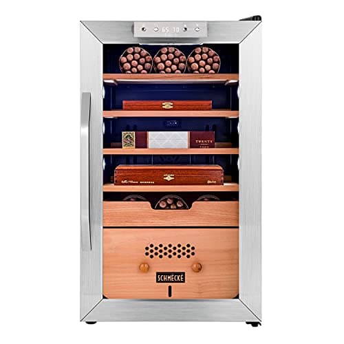 SCHMÉCKÉ 400 Cigar Cooler Humidor with 3 in 1 Precise Cooling, Heating & Humidity Control, Stainless Steel Trim Finish Cabinet, Spanish Cedar Wood Shelves and Drawer with Built in Digital Hygrometer
