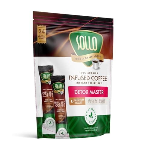 Sollo Detox Infused Instant Coffee Sticks (24 Servings) Weight Loss, Healthy Body Support, Slim, Medium Roast, 100% Arabica & Freeze Dried Coffee in Single Serve Sticks.