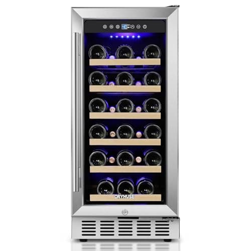 ORYMUSE 15 Inch Wine Cooler Under Counter, 30 Bottle Wine Fridge with Stainless Steel Glass Door, Built-In or Freestanding Wine Cellar with Removable Shelves and Digital Temperature Control