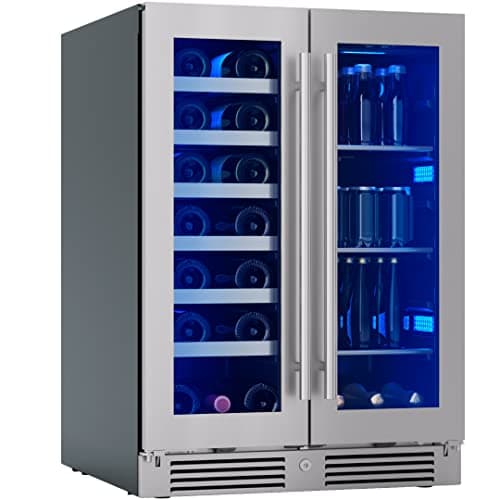 Zephyr Presrv 24 Inch Wine Fridge & Beverage Refrigerator Dual Zone Under Counter - Wine Cooler Cellars Small Beer Fridge Cabinet Drink Chiller Freestanding with French Glass Door 21 Bottles, 64 Cans