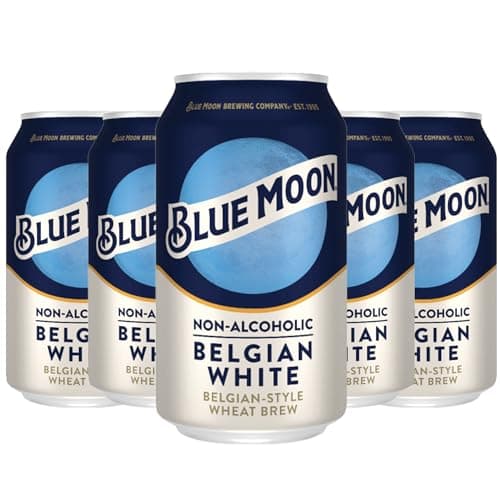 Blue Moon Non-Alcoholic 5 Pack Belgian Style Wheat Beer - Dealcoholized NA Brew in 12oz Cans - Low Calorie: 80 cals, 17g carbs - Refreshing Craft Brew Option