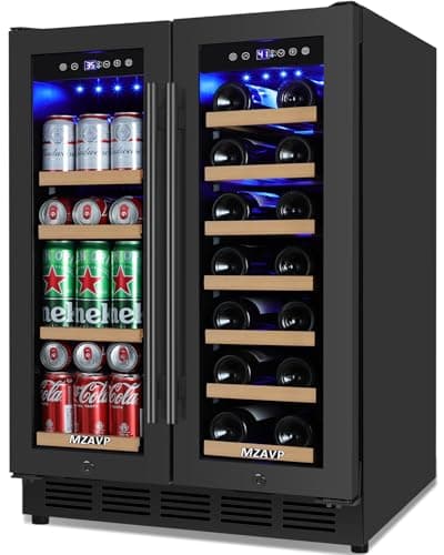 Wine and Beverage Refrigerator 24", Upgraded Dual Zone Wine Beverage Cooler with Glass Door and French Door, Large Capacity Beer Fridge Holds 21 Bottles & 88 Cans, Built-In or Freestanding - Black