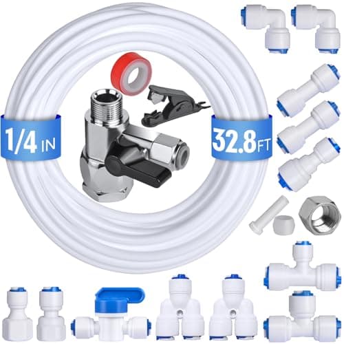32.8ft Refrigerator Water Line Kit Connection, 1/4 Compression Ice Maker Installation Kit, 1/4" OD Water Line Kit with Quick Connect Fitting for Fridge Ice Maker Reverse Osmosis RO System Water Filter