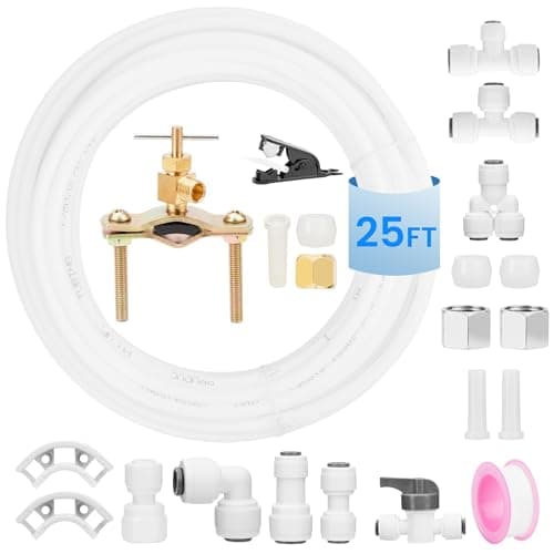 Refrigerator Ice Maker Water Line Kit, 25FT 1/4In O.D. with Self Piercing Valve and Quick Couplings for Refrigerators, Food Grade Ice Make and RO Systems