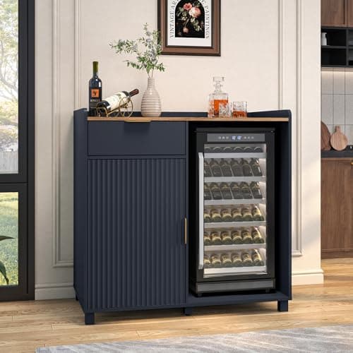 SEREMOVE Coffee Bar Cabinet with Fridge Space&Fluted Door, Mini Fridge Cabinet with Wine Storage, Modern Sideboard Buffet Cabinet for Dining Room, Living Room, Kitchen, Blue