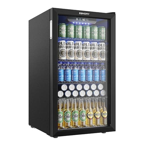 EUHOMY Mini Fridge 130 Can Beverage Refrigerator Cooler Glass Door for Soda Wine Beer, Beverage Cooler for Home, Bar, Office with Digital Temperature Control Adjustable Shelves, 3.2 Cu.Ft, Black
