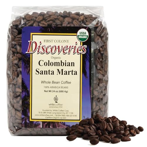 First Colony Whole Bean Coffee, Colombian Santa Marta, Medium Roast, USDA Organic, 100% Arabica Beans, 24oz Bag for Home Brewers & Cafés, Hand-Roasted in the USA Since 1902