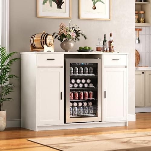 Herture Mini Fridge Cabinet,Coffee Bar Cabinet with Fridge Space & Wine Storage with Outlets,Fits 24" Fridge,Mini Fridge Stand,Buffet Sideboard Table Wine Cabinet for Kitchen Dining Room White KH04MRW