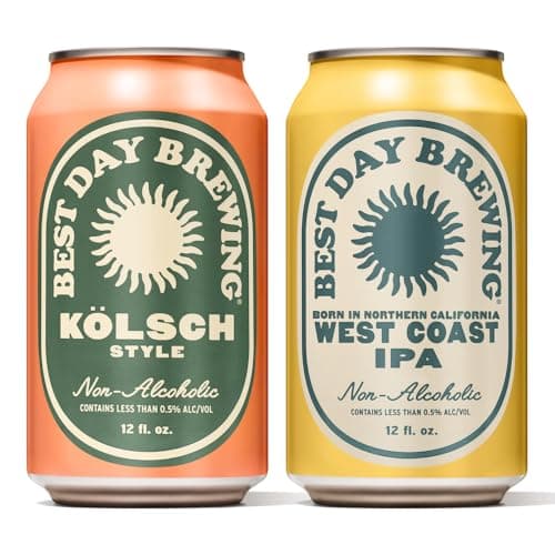 Best Day Brewing Craft Non Alcoholic Beer, 2 Flavor Variety, 24 Pack, Low Carb & Low Calorie NA Beer, Kolsch Style and West Coast IPA Combo, Non Alcoholic Drinks for Adults, 12 fl oz Can